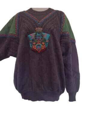Rare Vintage 90s Bruno Magli Italy Wool Sweater L Suede Trim Crest Knit